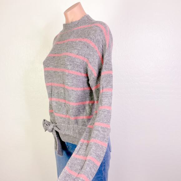 WAYF Striped Mock Neck Tie Waist Pullover Sweater Gray Pink Wool Blend Small - Picture 5 of 12